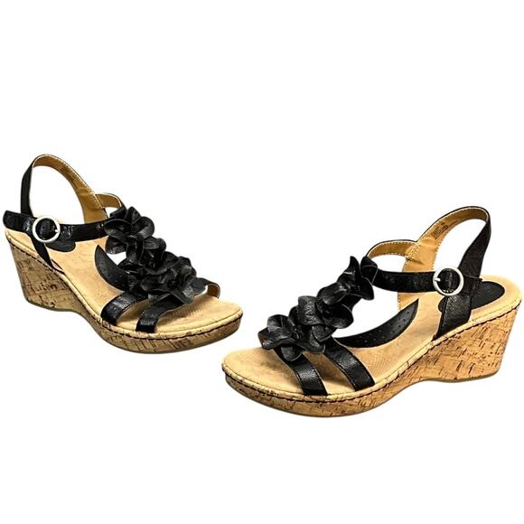 Bjorndal Liora Black Leather Strappy Flower Cork Wedge Comfort Sandal Women 9 - Picture 2 of 10